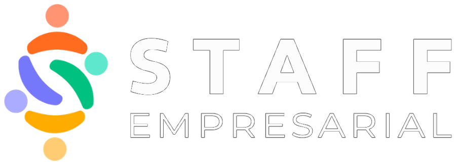 Staff Empresarial: logotipo con sello de figuras de colores y texto en blanco